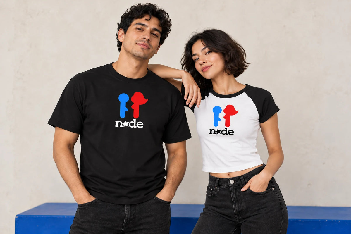 Two adult models wearing the NXDE classic tee and raglan top